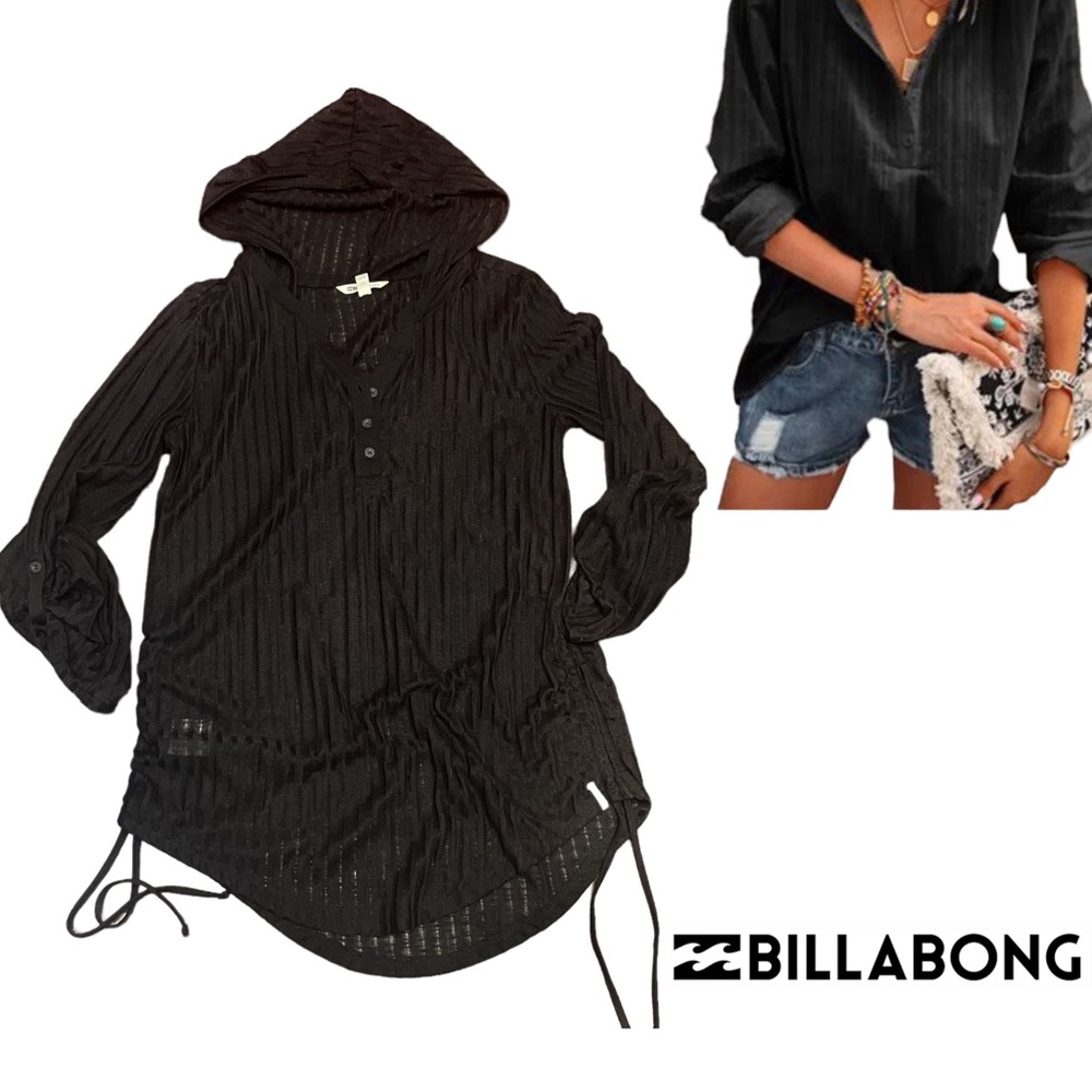 Billabong Black Long Sleeve Tee Shirt Hoodie Loose Casual Ruched Cover Up Top